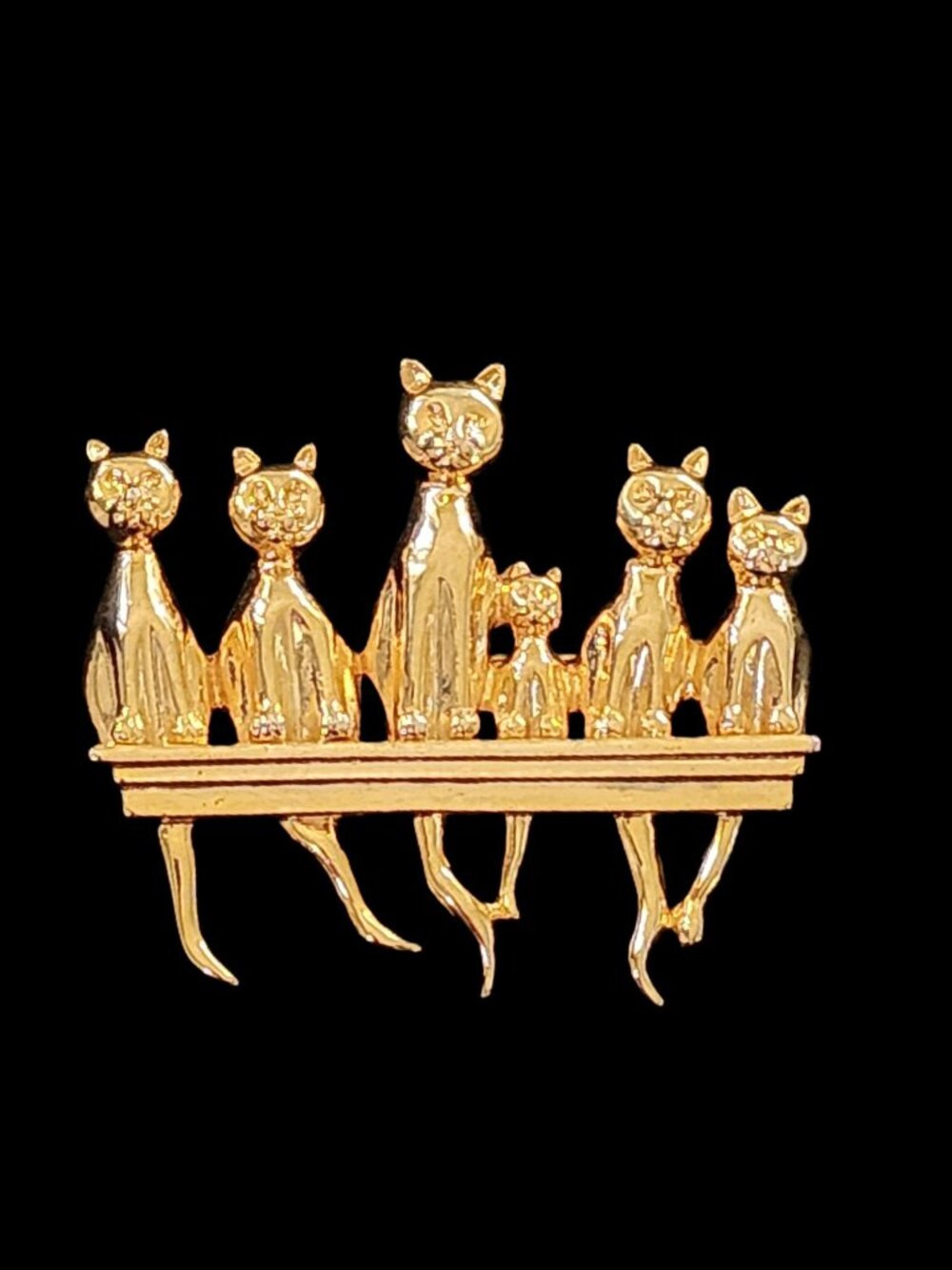 Vintage 80s Jumbo 3" High Polish Gold Cat Brooch - 6 Cats on a Ledge